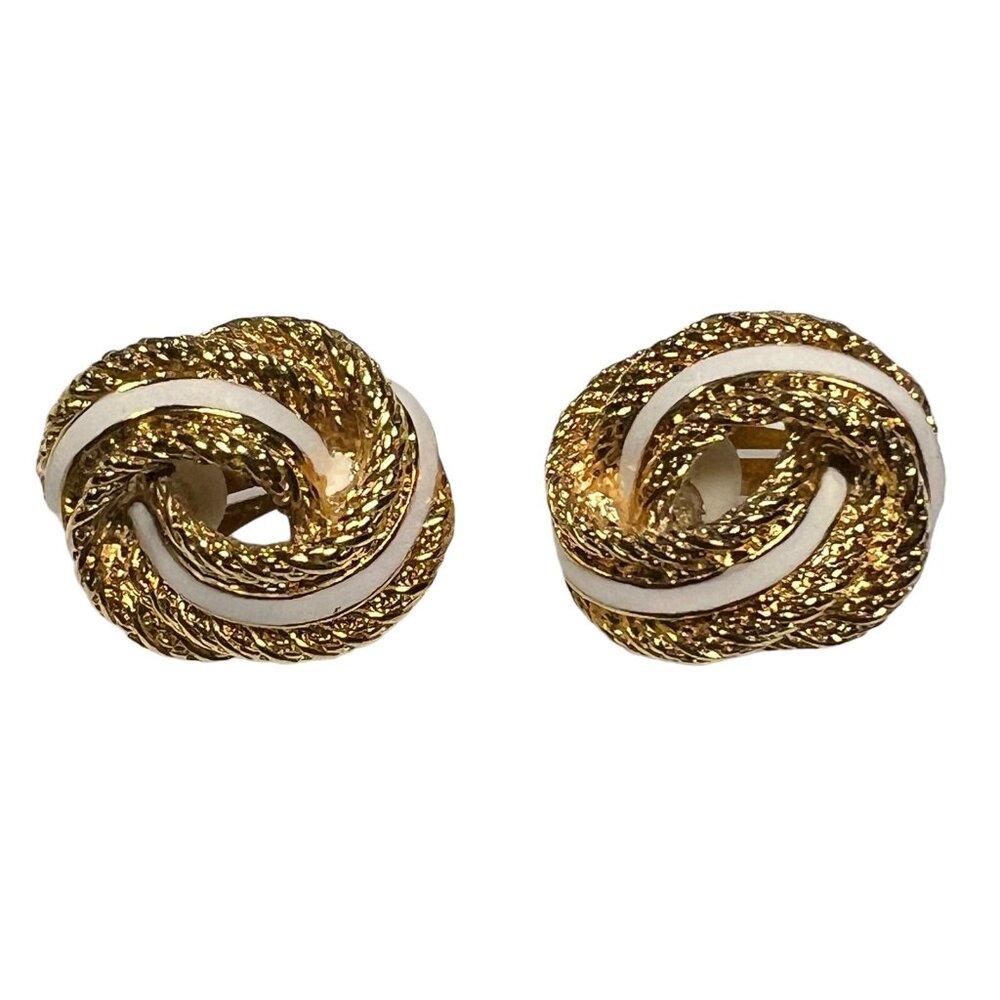 Vintage Clip On Earrings White Enamel Gold Tone Metal Rope Love Knots